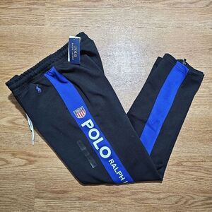 Polo Ralph Lauren 1967 Double Knit Track Pant Women's M Black Blue USA Flag Logo